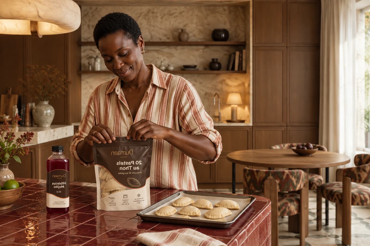 Visuel de concept Dumaan : préparation de pastels au thon à la maison, avec un sachet Dumaan et une boisson à l’hibiscus