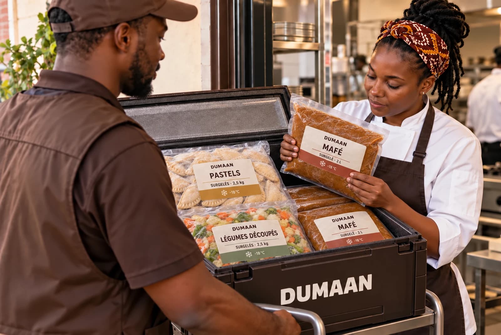 Visuel de concept Dumaan : livraison de grands conditionnements surgelés de pastels, mafé et légumes découpés à une restauratrice