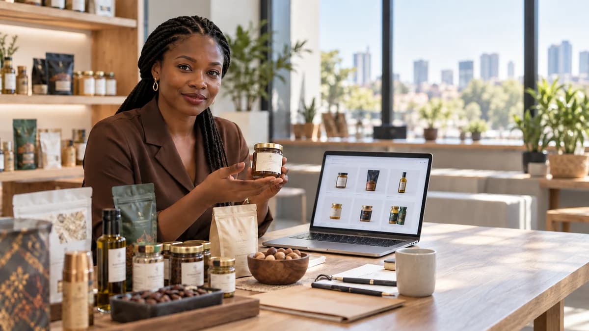 Visuel de concept Jago : présentation de produits africains et d’un catalogue B2B