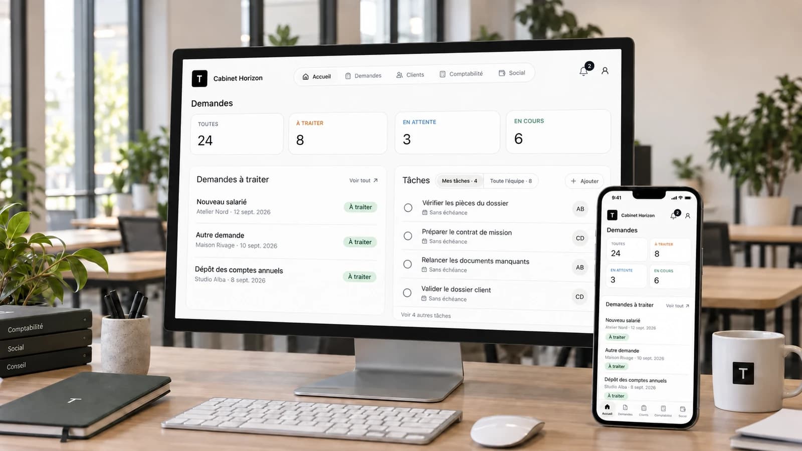 Interface actuelle de Tiimora sur ordinateur et mobile, avec des données de démonstration