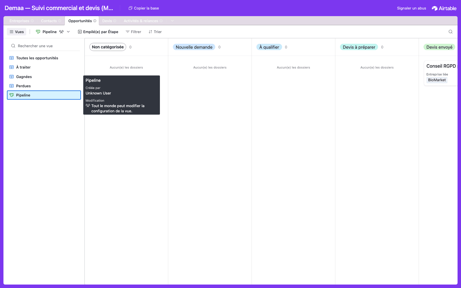 Vue Pipeline du modèle Airtable Demaa groupée par étape commerciale